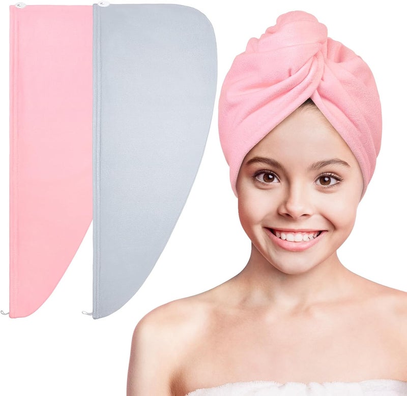 Basumee Microfiber Hair Towel Wrap for Kids 2 Pack Rapid Drying Hair Towel with Button Hair Turbans for Wet Hair Wraps Head Towel Wrap for Women and Girls - Image 1